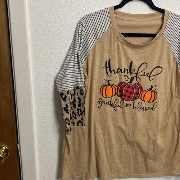Thankful greatful and blessed long sleeve womems size LG tan cheetah & pumpkin - Picture 3 of 6